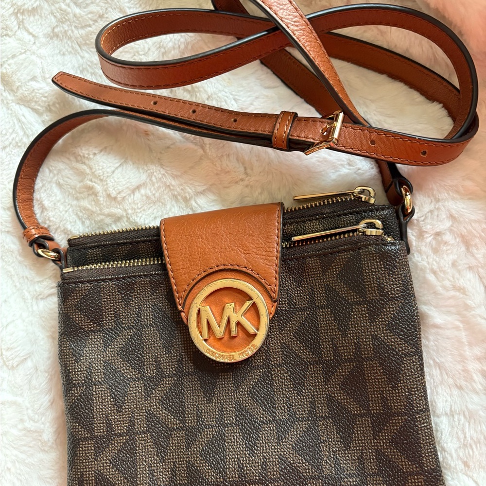 Michael Kors Gold and Brown Logo Crossbody Bag